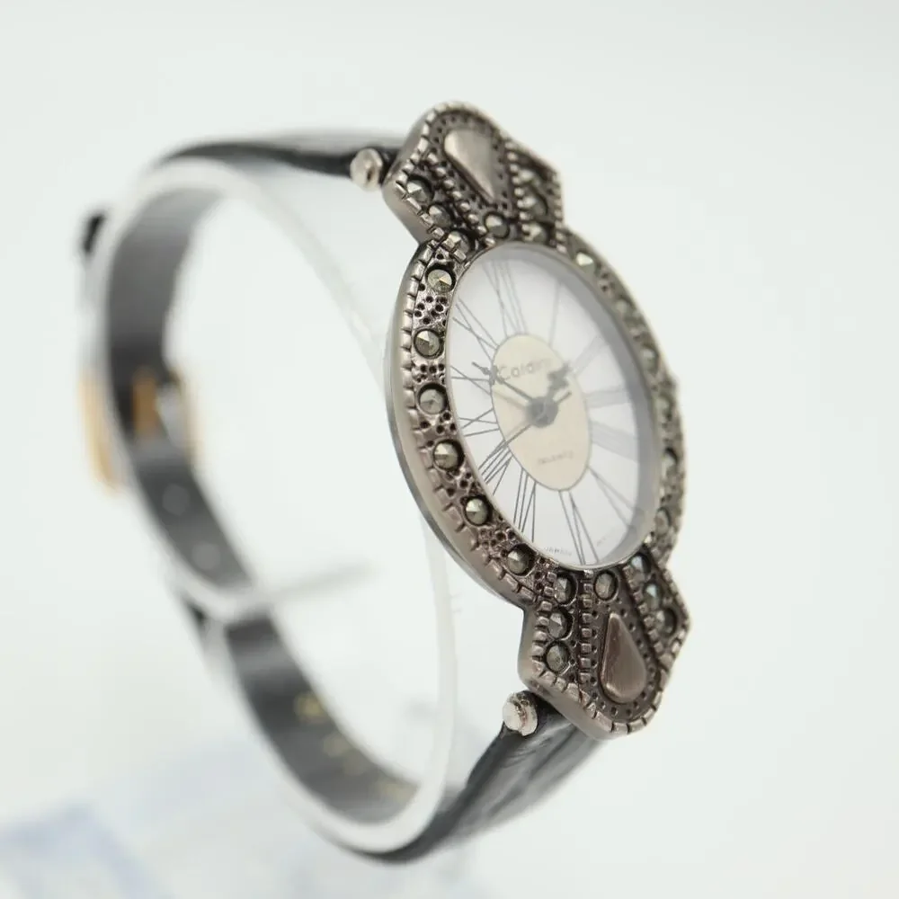 Cardini Marcasite Watch Women 24mm Silver Tone Roman Black Leather w New Battery